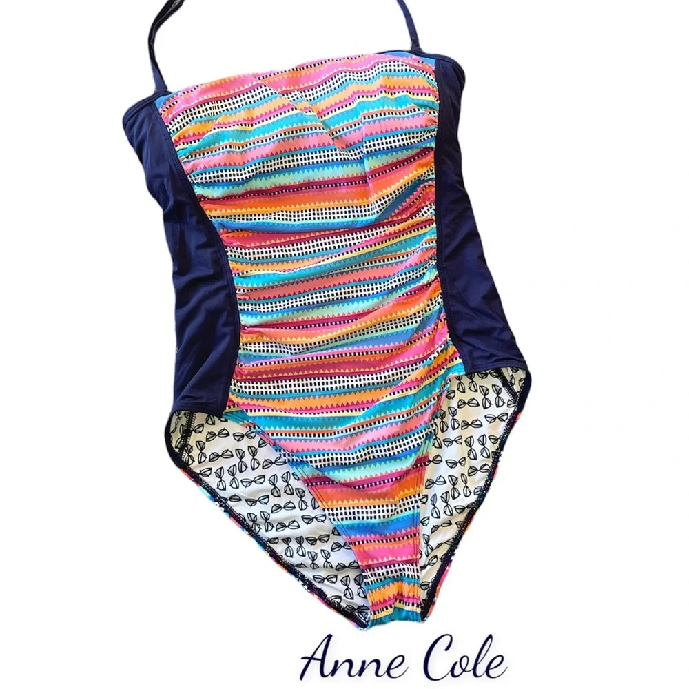 Anne Cole Stripe One Piece Bandeau Swimsuit Sz 10 Triangle Side Multicolor - Picture 1 of 14